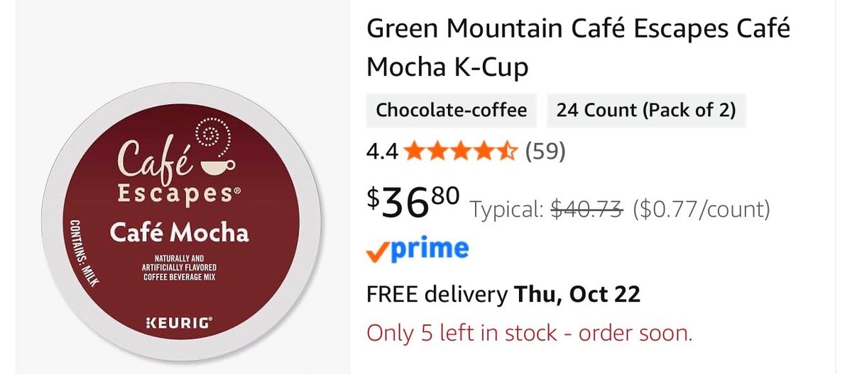 Café Escapes Café Mocha K-Cup Pods, 96 Count- Est. Retail $73.60