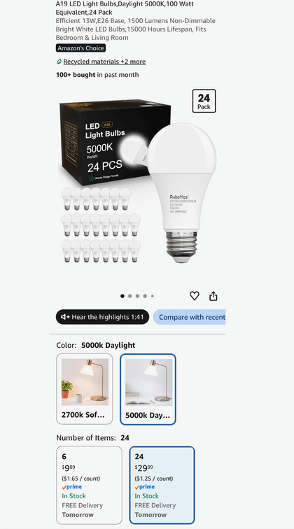 Ruboffcs 5000K Daylight A19 LED Light Bulbs, 24-Pack- Est. Retail $29.99