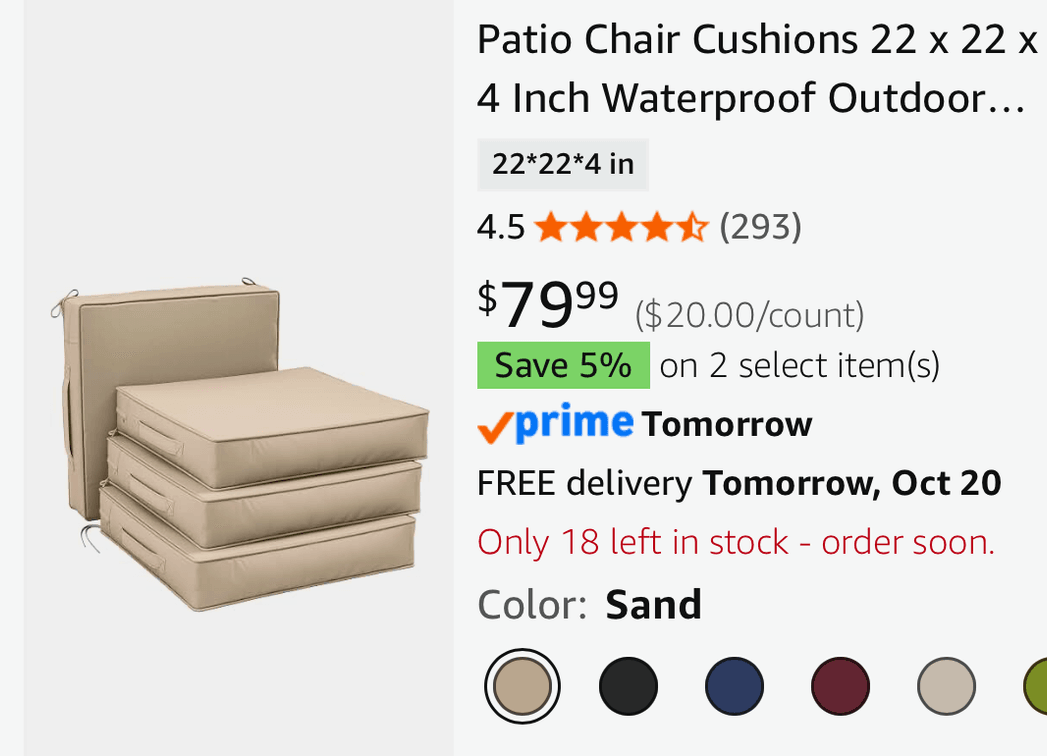 Set of 4 Sand Patio Chair Cushions - Est. Retail $79.99