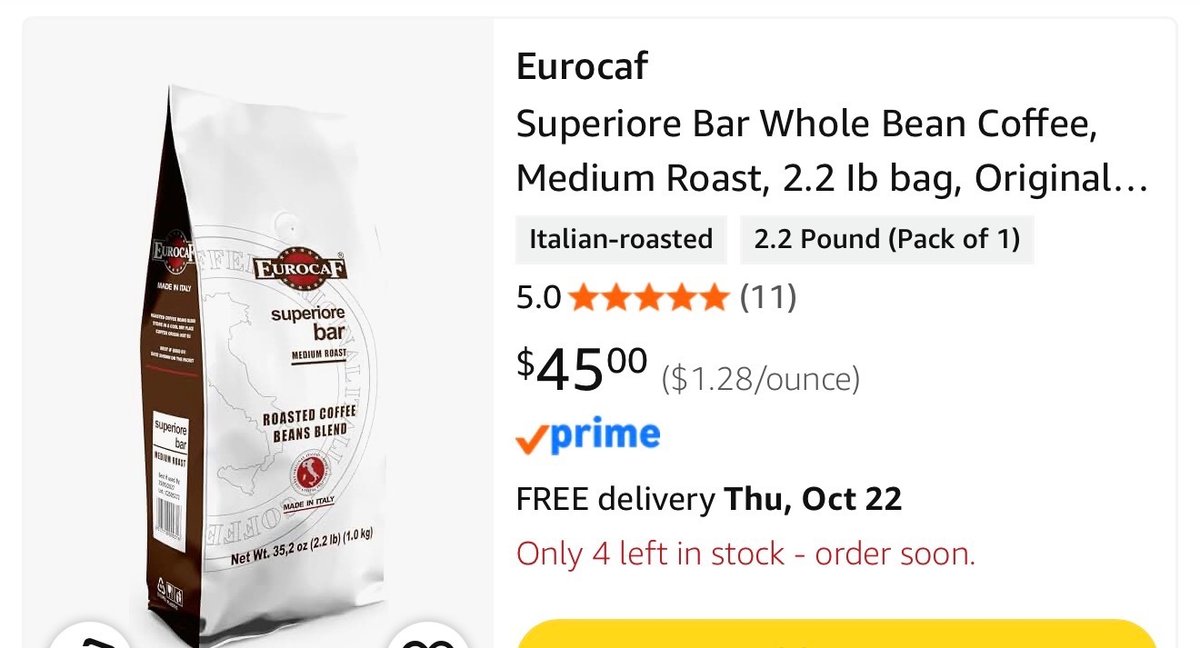 Eurocaf Superiore Bar Whole Bean Coffee, 2.2 lb- Est. Retail $45