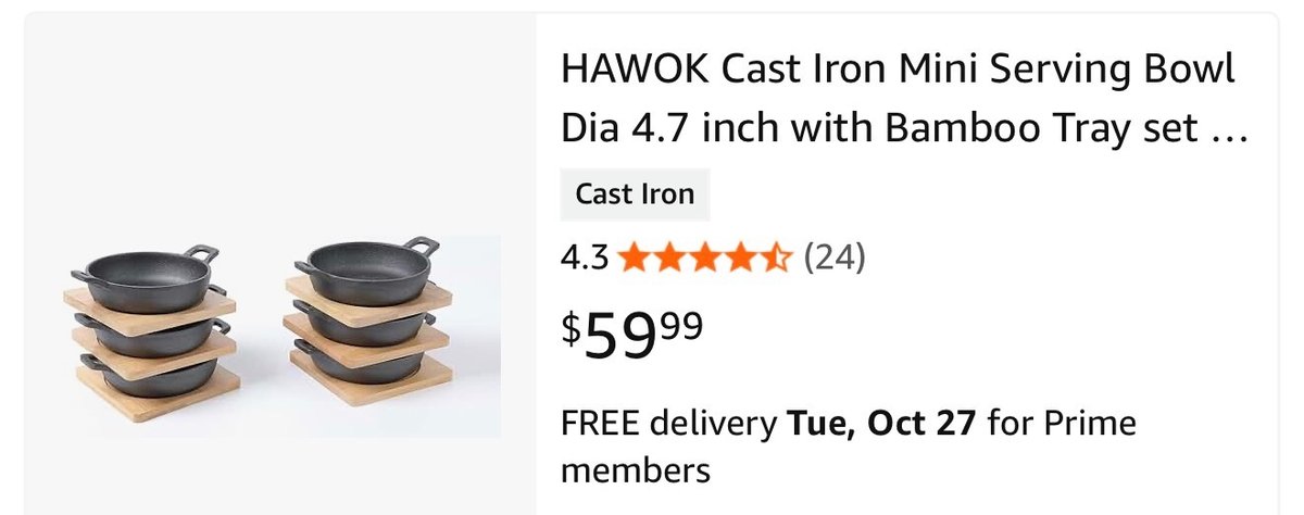 6 Cast Iron Mini Serving Bowls with Bamboo Trays - Est. Retail $59.99