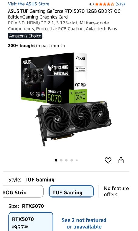 ASUS TUF Gaming GeForce RTX 5070 12GB- Est. Retail $937.39