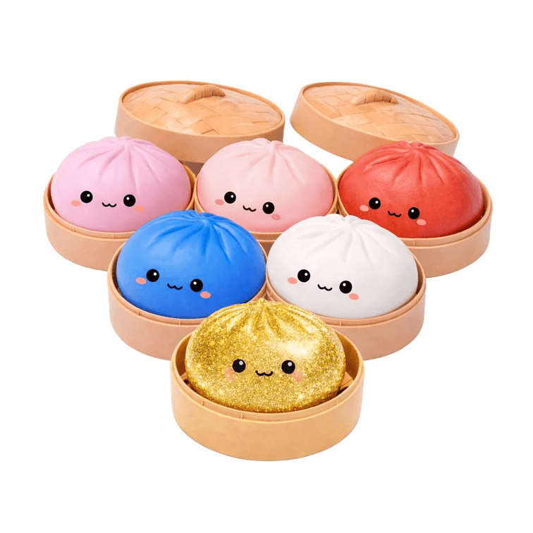 Steamed Bun Squishy Toys in Miniature Steamer Baskets