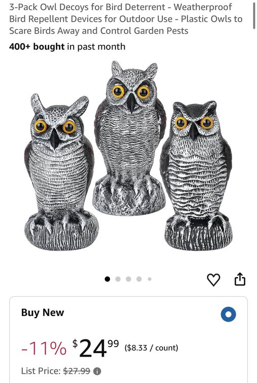 Plastic Owl Decoys, 3-Pack - Est. Retail $24.99
