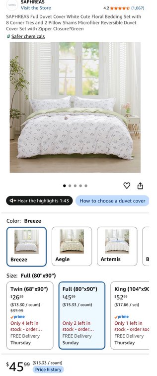 Saphreas Full Duvet Cover Set, Breeze Pattern- Est. Retail $46