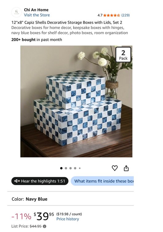 Set of 2 Navy Blue and White Checkered Capiz Shell Decorative Storage Boxes- Est. Retail $44.95
