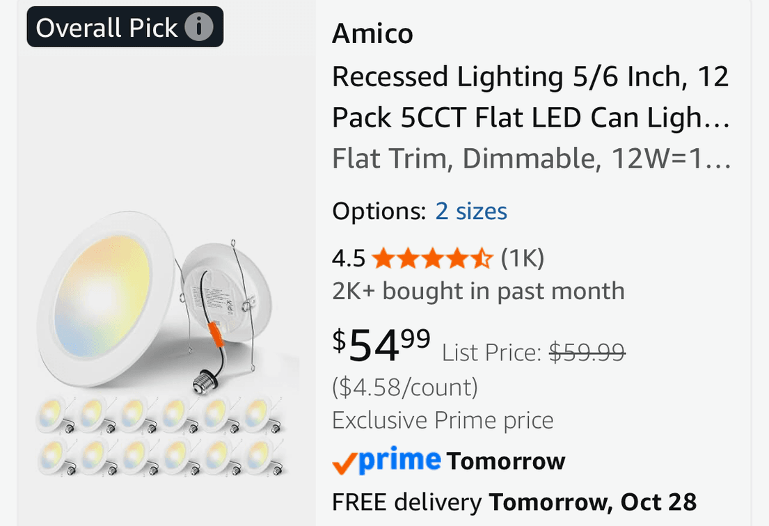 Amico 5/6 Inch Recessed LED Lights 12-Pack - Est. Retail $59.99