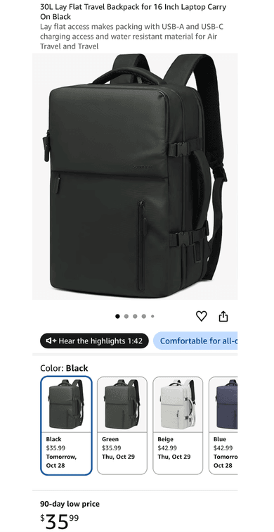 30L Lay Flat Travel Backpack- Est. Retail $35.99