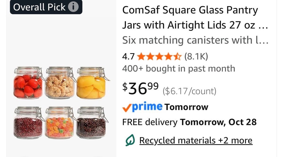ComSaf Square Glass Pantry Jars, 27 oz, Set of 6 - Est. Retail $36.99
