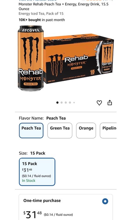 Rehab Monster Peach Tea Energy Drink 15-Pack- Est. Retail $31.48