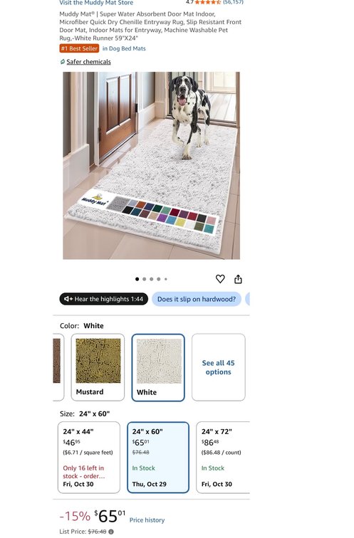 Muddy Mat White Chenille Microfiber Entryway Runner Rug, 24 x 60 in- Est. Retail $76