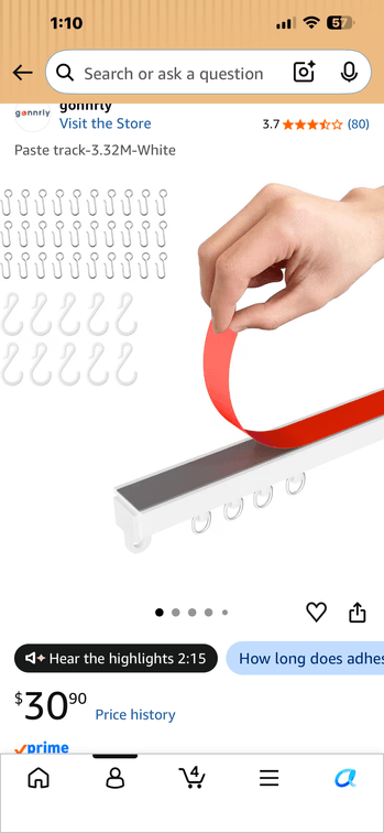 White Self-Adhesive Curtain Track, 3.32 m - Est. Retail $30.90