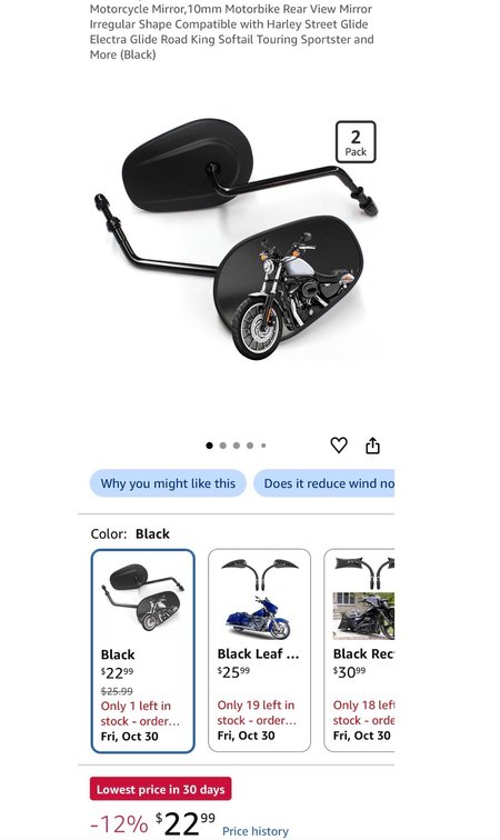 Pair of Black 10mm Motorcycle Rear View Mirrors- Est. Retail $23