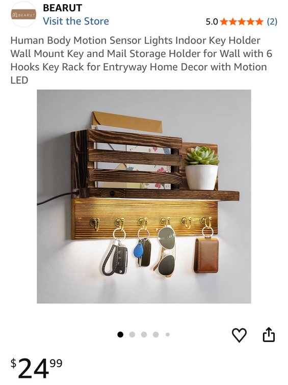 Wall-Mounted Wood Mail and Key Holder with LED - Est. Retail $24.99