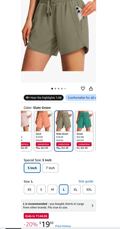 Women's 5-Inch Athletic Shorts, Size L, Slate Green - Est. Retail $24.99