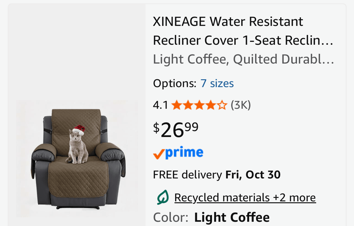 XINEAGE Water Resistant Recliner Cover- Est. Retail $26.99