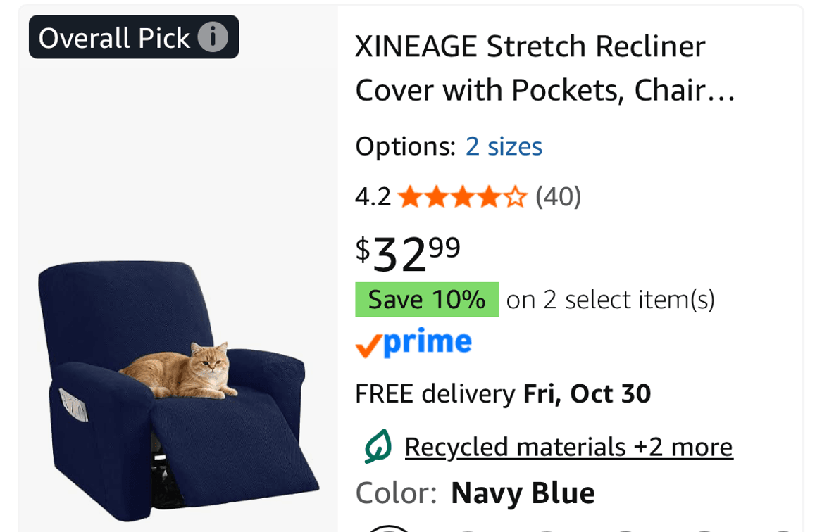 XINEAGE Stretch Recliner Slipcover, Navy Blue - Est. Retail $32.99