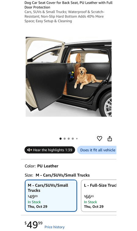 PU Leather Dog Car Seat Cover Size M - Est. Retail $49.99