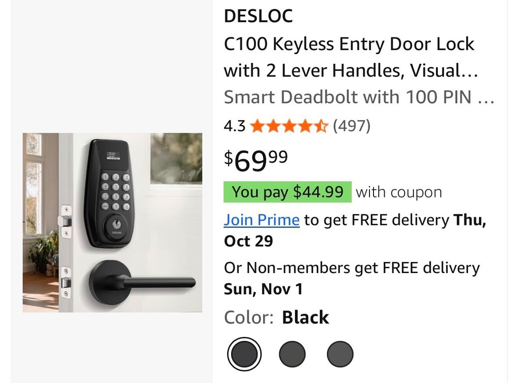 DESLOC C100 Keyless Entry Smart Deadbolt Set - Est. Retail $69.99