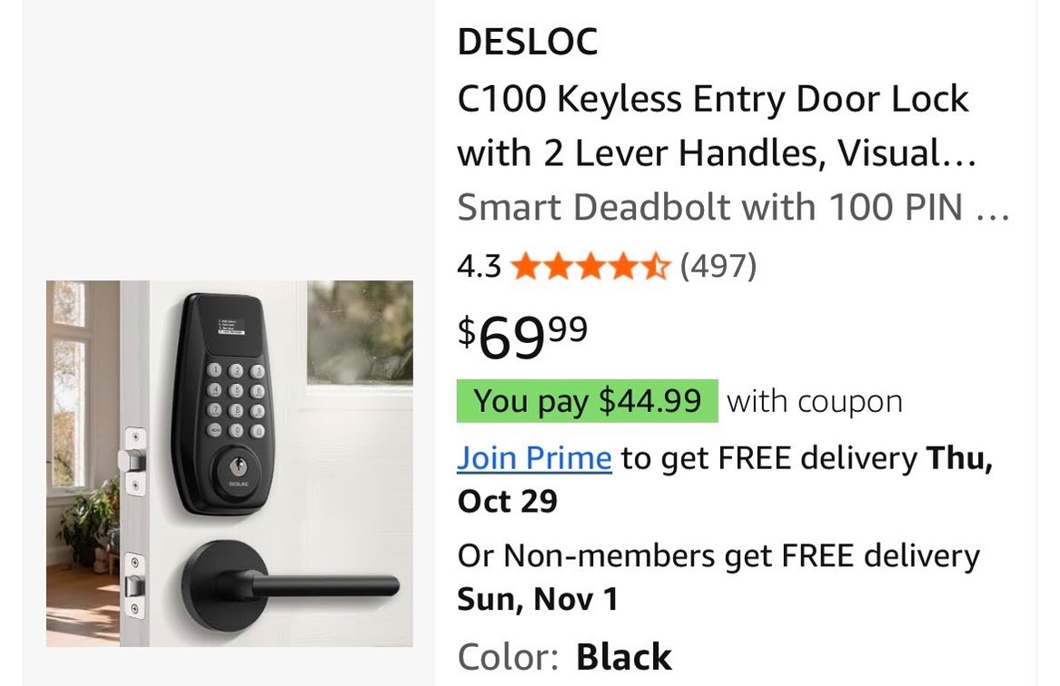 DESLOC C100 Keyless Entry Smart Deadbolt Handle Set- Est. Retail $69.99