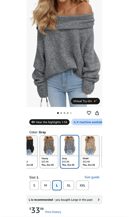 Gray Off-the-Shoulder Knit Sweater Size L - Est. Retail $33.98