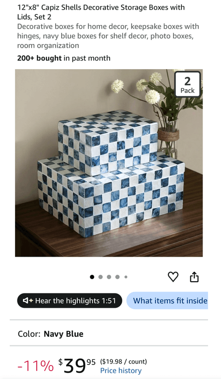 12x8 Navy Blue Capiz Shell Decorative Storage Boxes, Set of 2- Est. Retail $39
