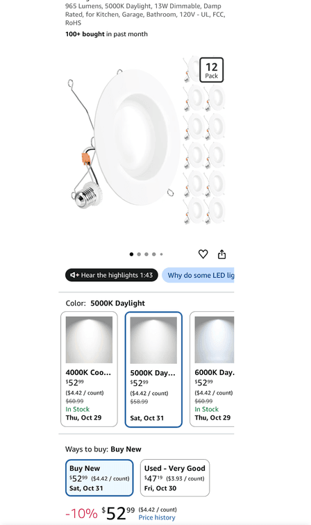 12-Pack LED Recessed Downlight Retrofit Fixtures- Est. Retail $52