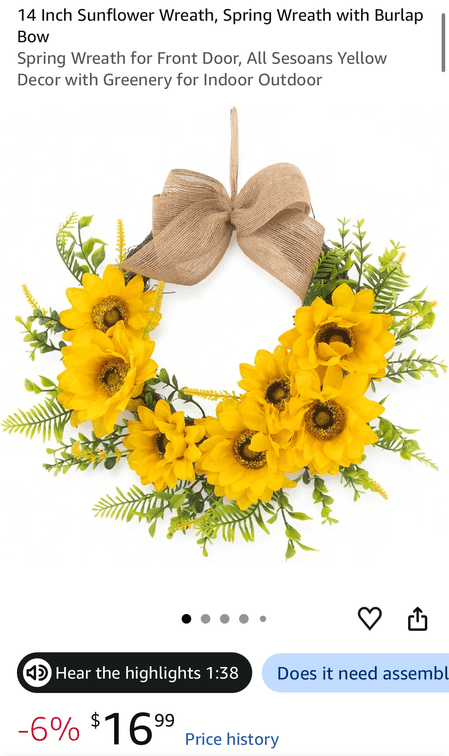 14-Inch Sunflower Wreath with Burlap Bow- Est. Retail $16