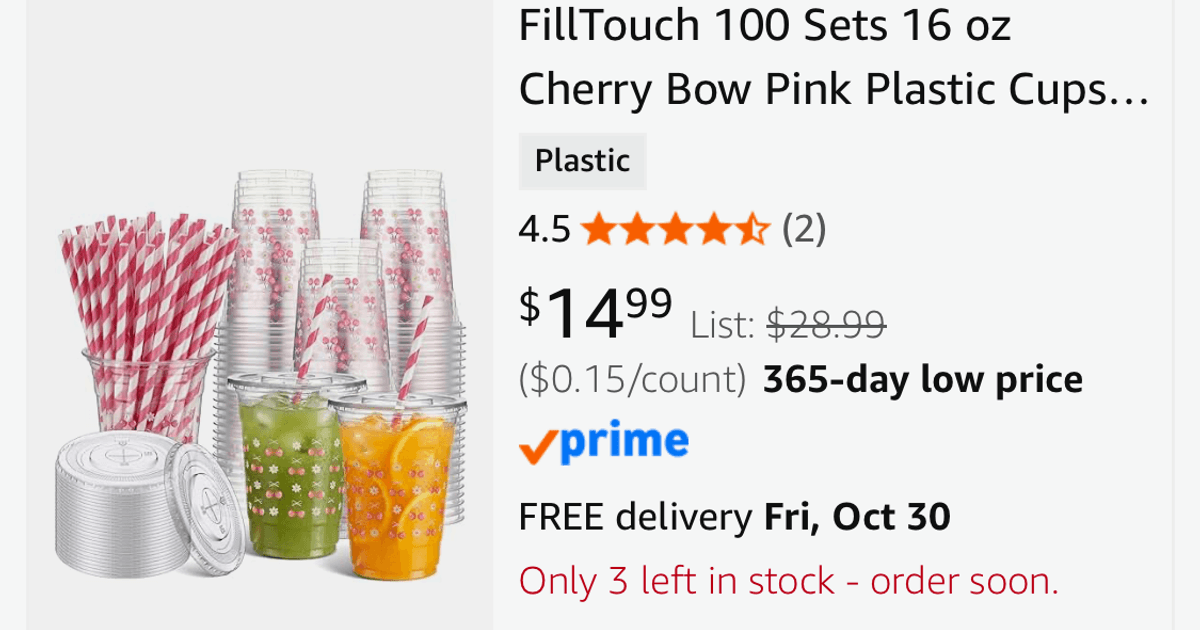 100 Sets 16 oz Cherry Bow Pink Plastic Cups and Lids - Est. Retail $29