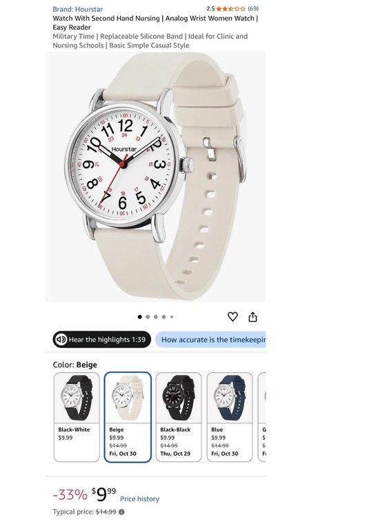 Hourstar Analog Nursing Wrist Watch - Est. Retail $15