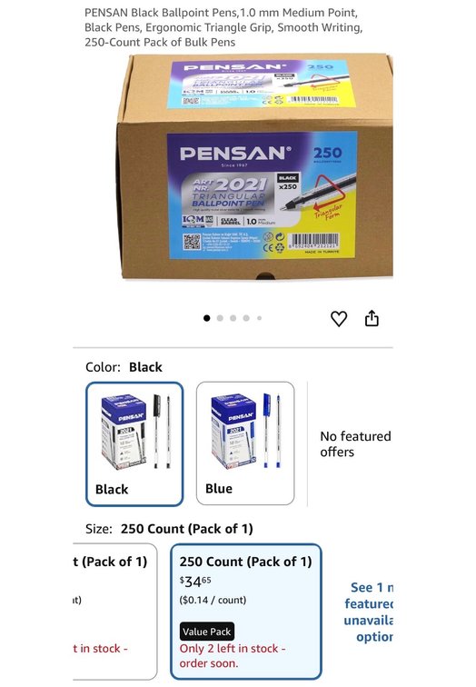 Pensan Art Nr. 2021 Triangular Black Ballpoint Pens, 250-Count