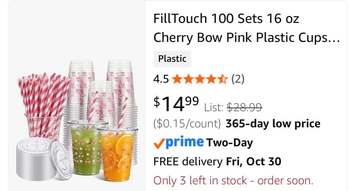 100 Sets 16 oz Pink Cherry Bow Plastic Cups- Est. Retail $14.99