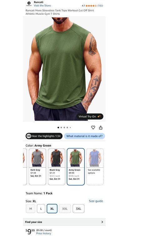 Runcati Men's Sleeveless Workout Tank Top, Army Green, Size XL- Est. Retail $9.99