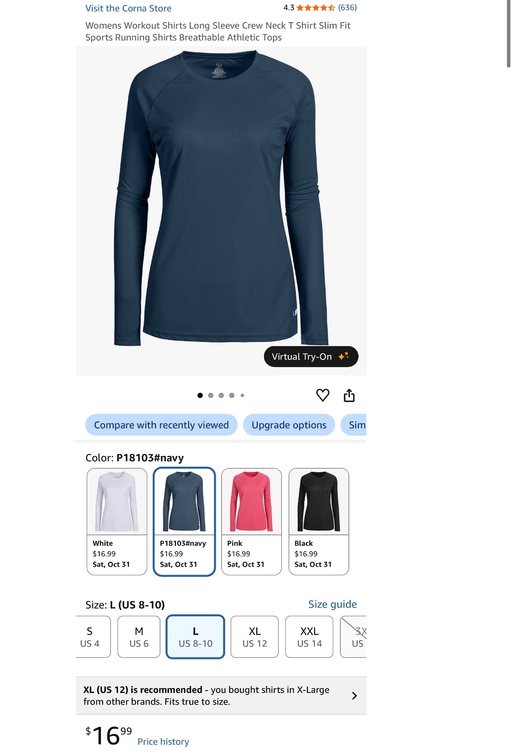 Corna Women's Long Sleeve Workout Shirt, Navy, Size L- Est. Retail $16.99