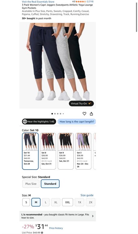 Real Essentials Women's Capri Joggers, Size M, 3 Pack- Est. Retail $42.99