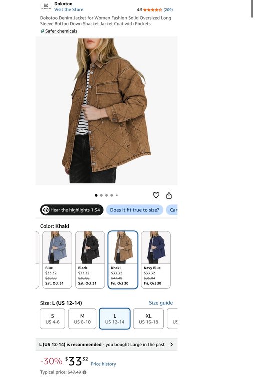 Dokotoo Women's Quilted Denim Shacket, Khaki, Size L- Est. Retail $47.49