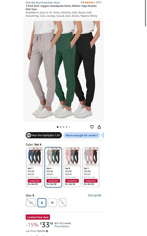 Real Essentials Girls' Joggers 3-Pack Size S- Est. Retail $40