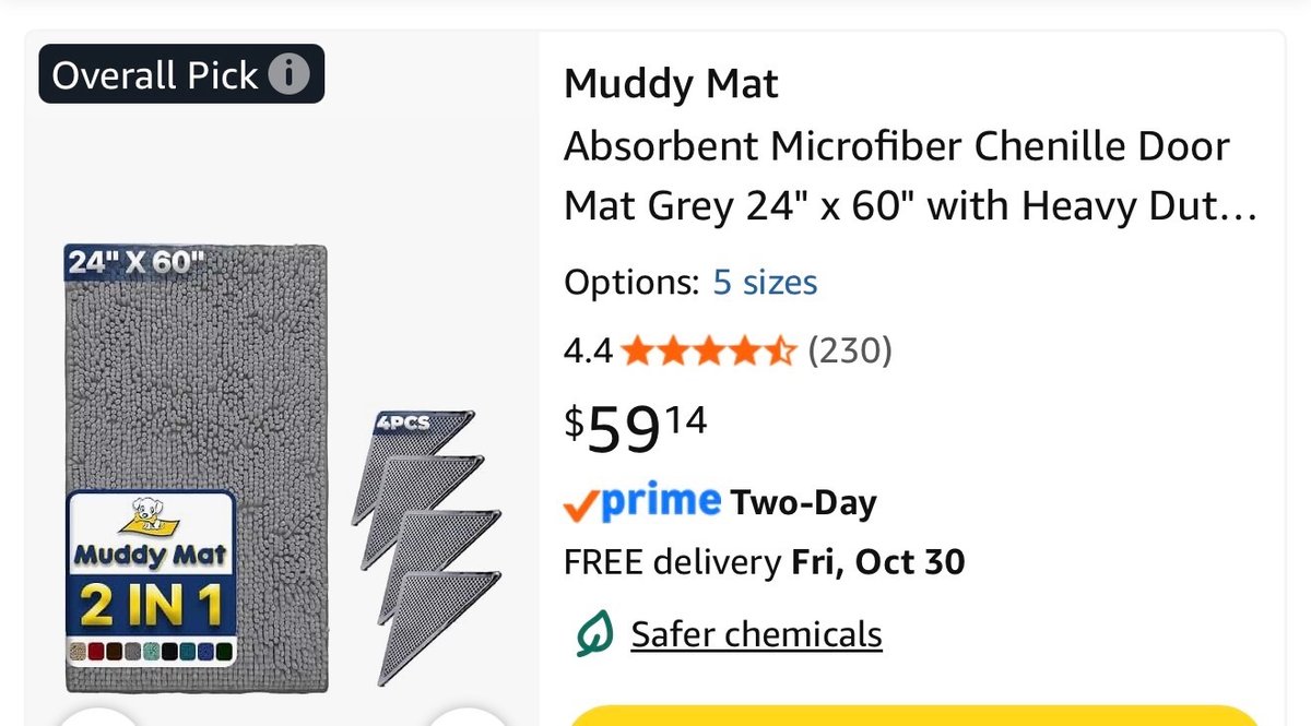 Muddy Mat Grey Microfiber Chenille Door Mat, 24 x 60 in- Est. Retail $59