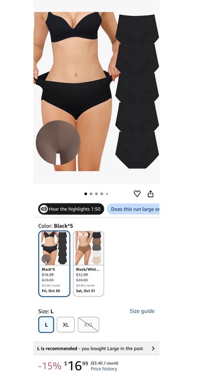 5-Pack Women's Black Seamless Briefs, Size L- Est. Retail $16.99