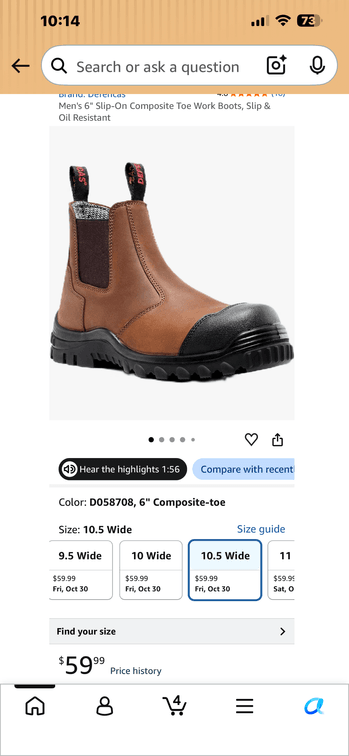 Defensas Men's 6" Slip-On Composite Toe Work Boots, Size 10.5 Wide- Est. Retail $60
