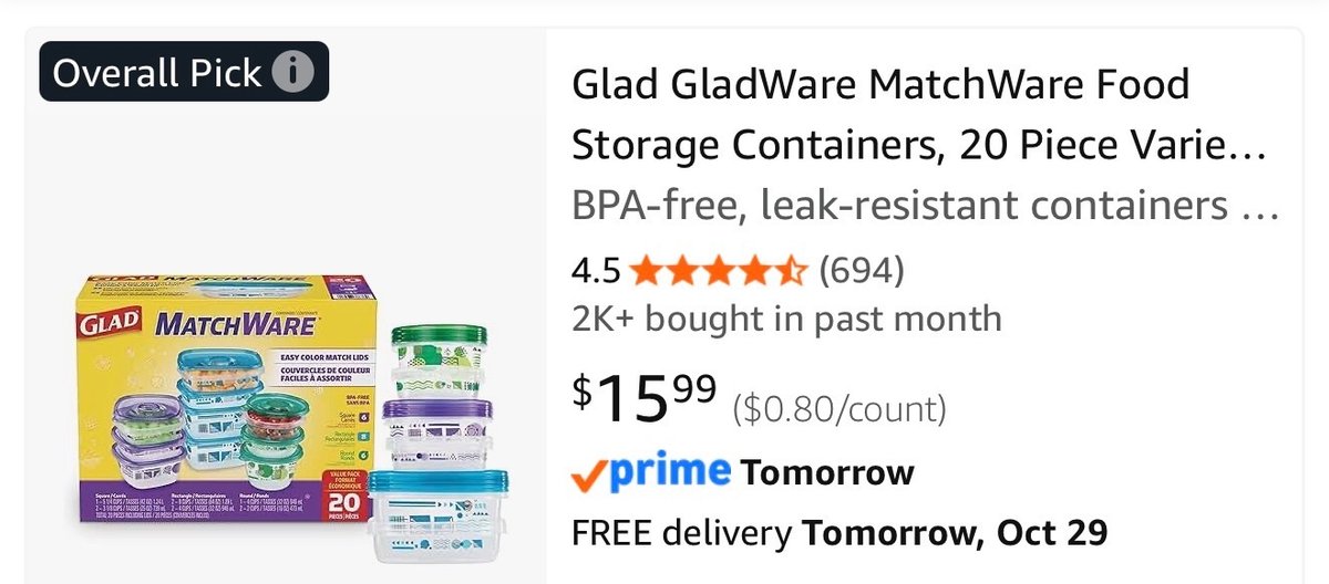 Glad MatchWare 20-Piece Food Storage Set - Est. Retail $16