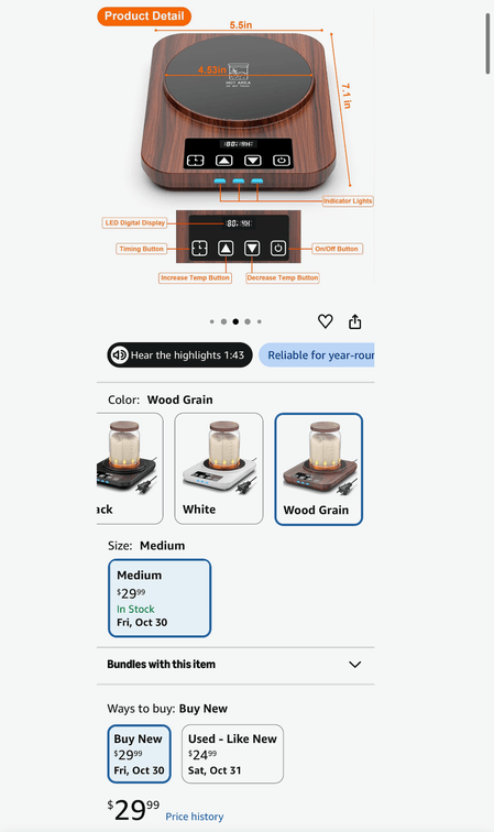 Electric Warmer Plate with Wood Grain Finish- Est. Retail $30