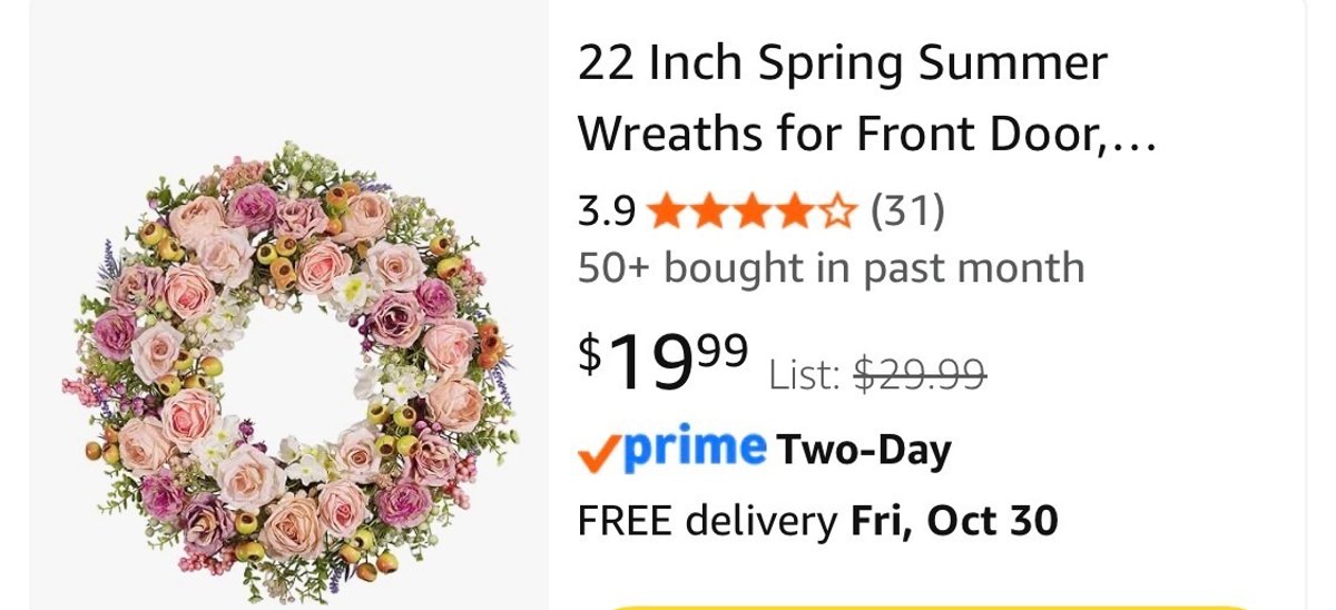 22 Inch Floral Front Door Wreath - Est. Retail $29.99