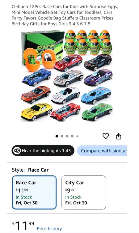 12-Piece Race Car and Surprise Egg Toy Set- Est. Retail $12