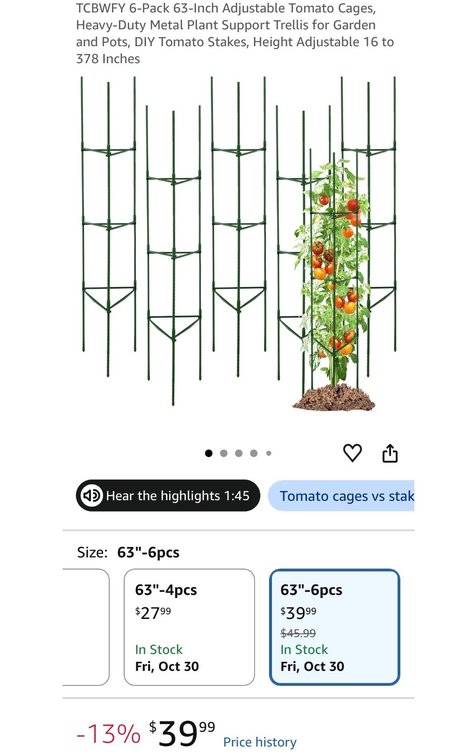 TCBWFY 6-Pack 63" Adjustable Tomato Cages - Est. Retail $39.99
