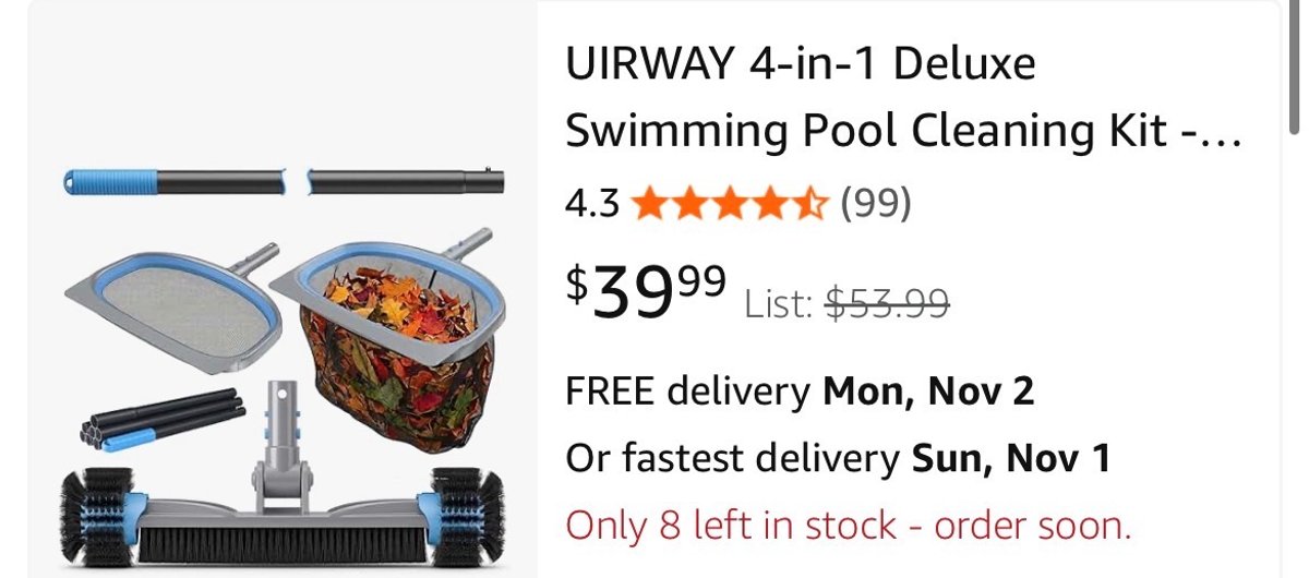 VIRWAY 4-in-1 Deluxe Pool Cleaning Kit - Est. Retail $54