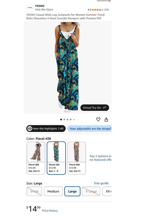 YESNO Women's Casual Wide Leg Floral Jumpsuit, Size Large- Est. Retail $15