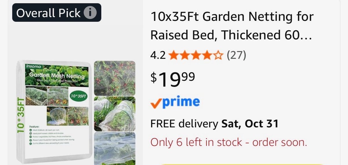 Insoma Garden Mesh Netting 10 x 35 Ft - Est. Retail $19.99