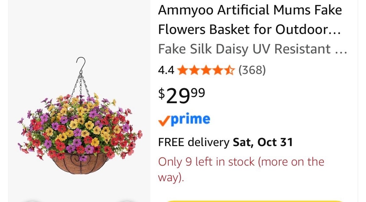 Ammyoo Artificial Flowers in Hanging Basket - Est. Retail $29.99