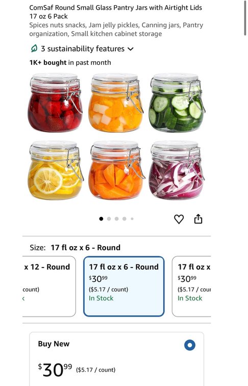 ComSaf 17 fl oz Round Glass Pantry Jars, Set of 6